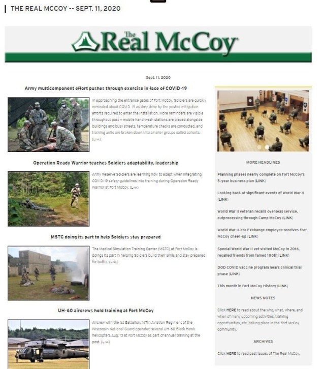 This is a screenshot from March 8, 2021, of the Sept. 11, 2020, edition of The Real McCoy Online newspaper at Fort McCoy, Wis., that earned a first place award for online or pdf publication in the 2020 Army Installation Management Command...