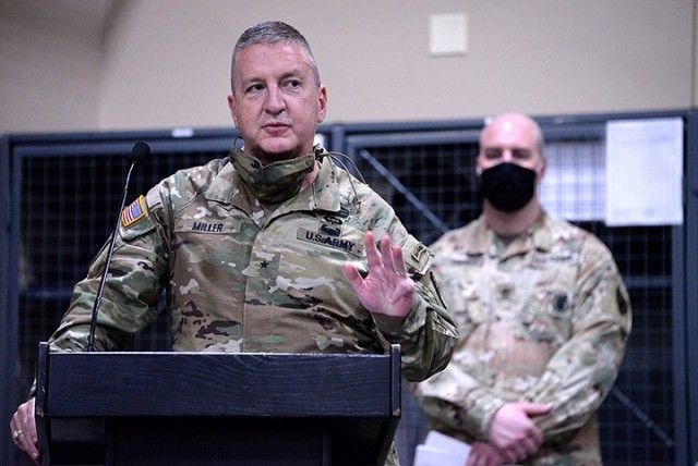 Brig. Gen. Duane Miller, U.S. Army Corrections Command commanding general, addresses leaders and soldiers in Headquarters and Headquarters Company, Joint Regional Correctional Facility, 705th Military Police Battalion (Detention), during a...