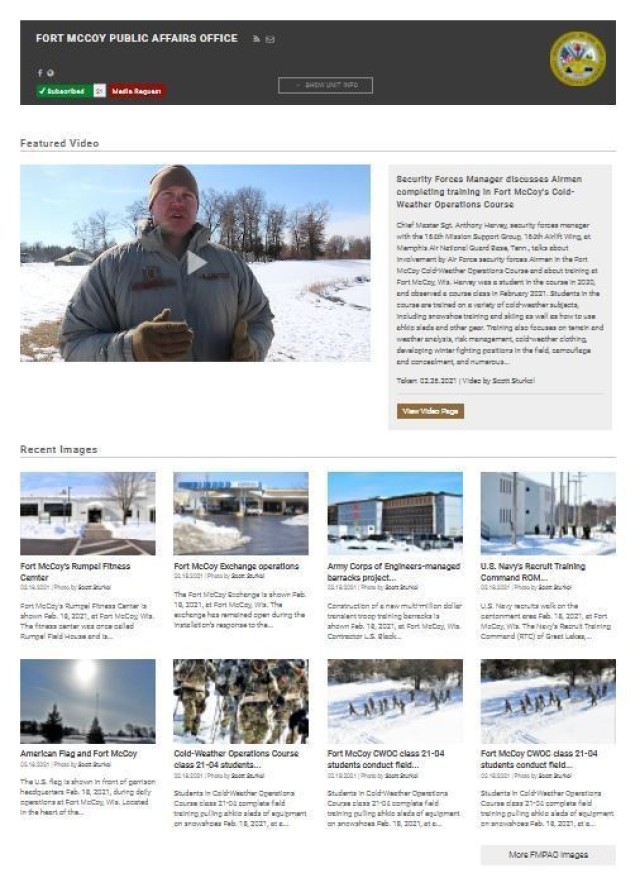 A screenshot of the Fort McCoy, Wis., Public Affairs Office page on the Defense Video and Imagery Distribution Service is shown March 10, 2021. The page and contributors to the page earned multiple monthly awards during 2020 including most uploads...