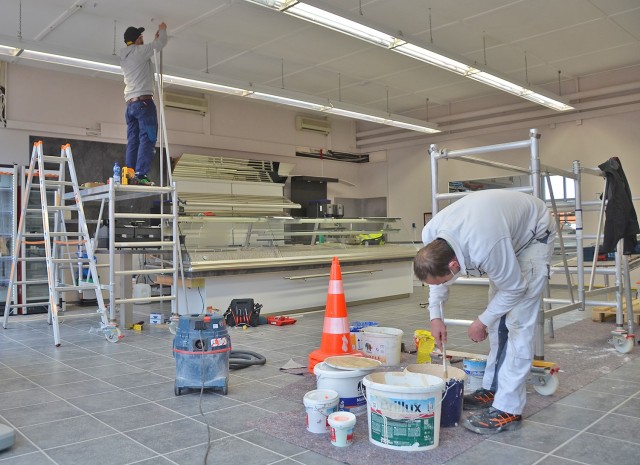 U.S. Army Garrison Wiesbaden Directorate of Public Works employees work on the new MWR&#39;s District Breakfast & Lunch at the Mainz-Kastel Storage Station -- set to open on March 15, 2021.