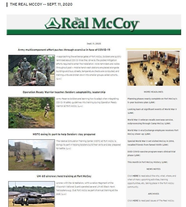 This is a screenshot from March 8, 2021, of the Sept. 11, 2020, edition of The Real McCoy Online newspaper at Fort McCoy, Wis., that earned a first place award for online or pdf publication in the 2020 Army Installation Management Command...