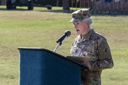 Then-Maj. Gen. Laura A. Potter speaks during the U.S. Army Intelligence Center of Excellence change-of-command ceremony at Fort Huachuca, Ariz., Aug. 11, 2020. Potter, now a lieutenant general and the deputy chief of staff, G-2, outlined Army intelligence's new priorities during an Association of the U.S. Army's Noon Report on March 10, 2021. 