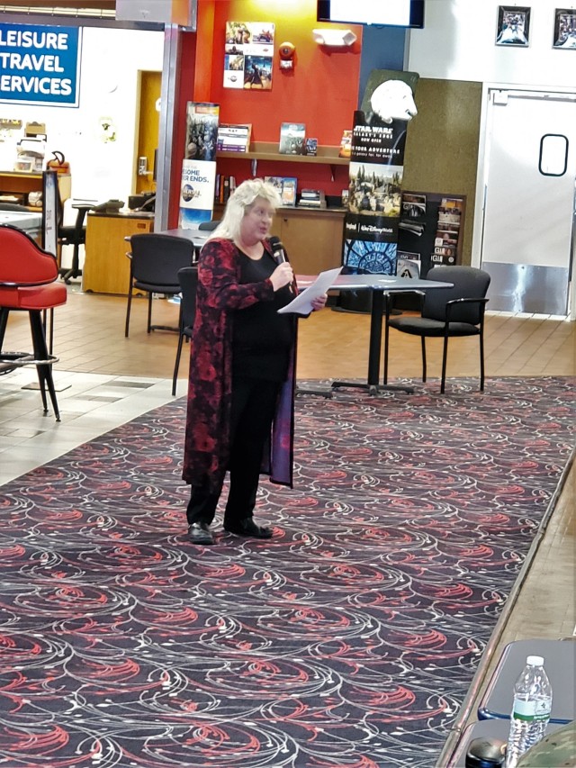 Dianne Sommers with Army Community Service reads a testimonial during the 2021 Army Emergency Relief Campaign Breakfast on Feb. 25, 2021, at Fort McCoy, Wis. The breakfast helped begin the 79th fundraising campaign for Army Emergency Relief, or...
