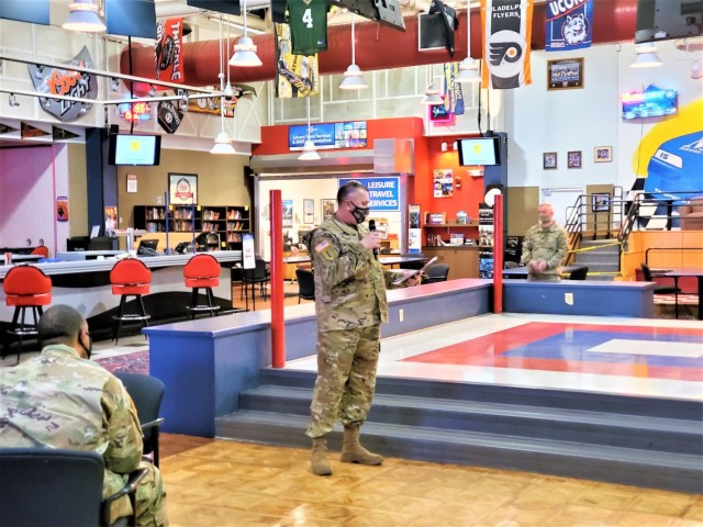 Garrison Commander Col. Michael Poss gives opening remarks during the 2021 Army Emergency Relief Campaign Breakfast on Feb. 25, 2021, at Fort McCoy, Wis. The breakfast helped begin the 79th fundraising campaign for Army Emergency Relief, or AER....