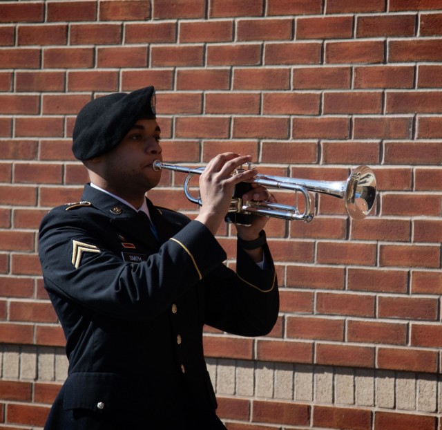 Cpl. Nicholas Smith, a musician with the 10th Mountain Division Band, plays his trumpet during a memorial service on March 12, 2021, on Fort Drum, N.Y. Smith won the 2020 Finley R. Hamilton Outstanding Military Musician Award on February 18th,...