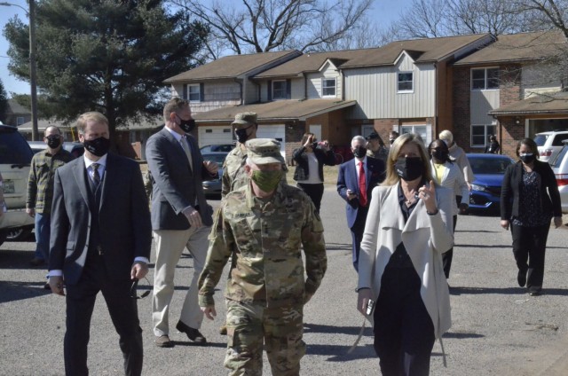 Lieutenant General Douglas Gabram, commanding general of U.S. Army Installation Management Command, tours the New Hammond Heights community March 4 during a visit to Fort Campbell. Keith Scruggs, senior development manager, Lendlease Communities,...