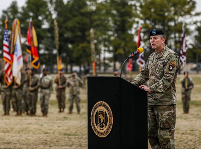 Major General Joseph P. McGee, incoming commanding general, 101st Airborne Division (Air Assault) and Fort Campbell, addresses Soldiers and Families during the division change of command March 5.