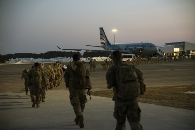 U.S. Soldiers of the 1st Battalion, 102nd Infantry Regiment and H Company, 186th Brigade Support Battalion, leave for Fort Bliss, Texas, on March 10, 2021. At Fort Bliss, Soldiers will conduct mobilization training in preparation for their mission in Africa in support of Combined Joint Task Force, Horn of Africa.