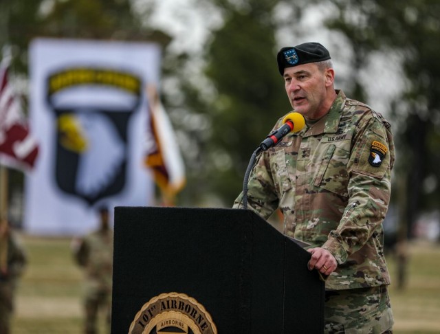 Major General Brian E. Winski, outgoing commanding general, 101st Airborne Division (Air Assault) and Fort Campbell, delivers remarks March 5 during the division change of command at division parade field.