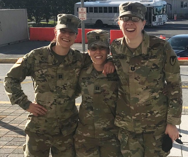 Allison Brager (on left) and her battle buddies, Ashlee McKeon (center) and Liana Matson, all served as captains together at Walter Reed Army Institute of Research under the leadership of Col. Deydre Teyhen and Dr. Debra Yourick. The U.S. Army has...