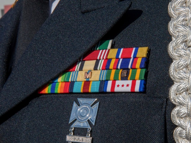 Military awards worn by a District of Columbia Army National Guard Soldier in Washington, D.C., March 10, 2021, include the D.C. National Guard Presidential Inauguration Support Ribbon on the bottom right. The ribbon is authorized for award to...