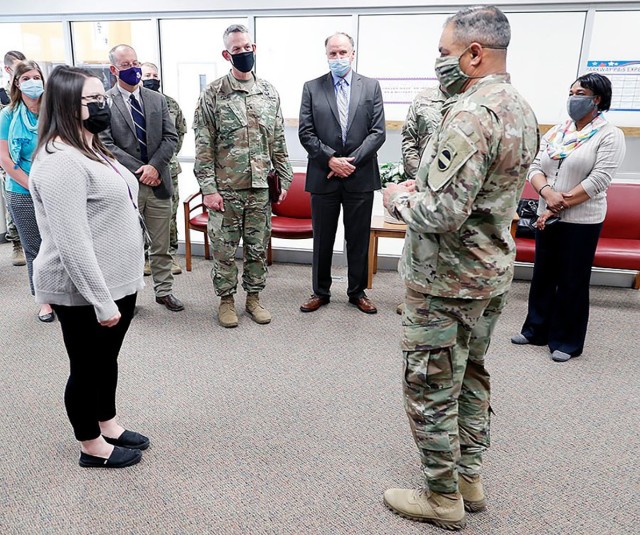 Gen. Michael X. Garrett, commanding general of United States Army Forces Command, meets with Samantha Westerfield, 1st grade virtual teacher at Parkway Elementary School March 9. Westerfield is a military spouse and also the Vernon Parish...