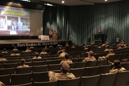 Sergeant Major of the Army Michael Grinston speaks to Fort Rucker Soldiers and family members during a town hall at the post theater March 9.