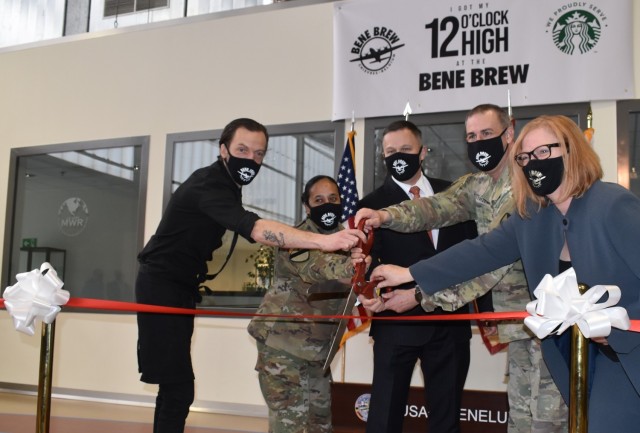 CHIÈVRES, Belgium – From left, David Frère, barista at the newly opened Bene Brew Café and Pub; U.S. Army Garrison Benelux Command Sgt. Maj. Katrina Herzfeld; Tommy Mize, director of Installation Management Command Directorate – Europe;...