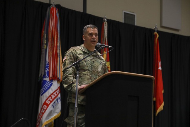Maj. Gen. Sean Bernabe, senior commander, 1st Armored Division and Fort Bliss, addresses leadership from across the installation at the inaugural Ironclad Summit. Fort Bliss hosted the Ironclad Summit to better strengthen the foundation for mutual respect, safety and cohesive teams among its Soldiers, Civilians, and Families. Operation Ironclad is the action-based approach of Fort Bliss toward eliminating sexual assault and sexual harassment, suicide, and extremism and racism in the ranks. For Bernabe, the summit and its related initiatives are crucial in spreading the word that Fort Bliss is a non-permissive environment when dealing with such unacceptable behaviors. The top priority for Fort Bliss leaders is creating an environment non-permissive of these destructive behaviors.  (U.S. Army photo by Staff Sgt. Nicholas Brown-Bell)