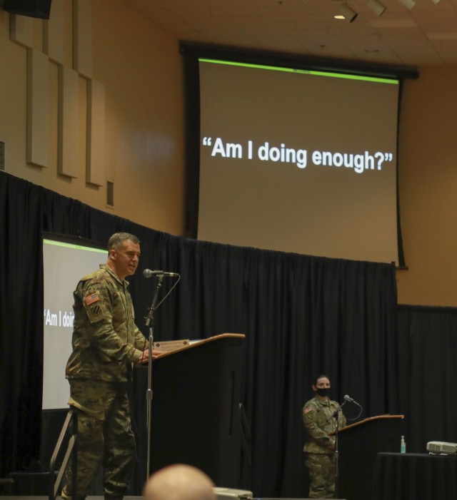 Maj. Gen. Sean Bernabe, senior commander, 1st Armored Division and Fort Bliss, asks those assembled at the inaugural Ironclad Summit if they are doing enough to care for victims of sexual assault and sexual harassment March 11. Bernabe stated that...