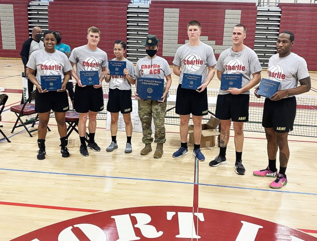Members of the Charlie Company, 262nd Quartermaster Battalion, pose for pictures March 11 after overcoming a first-match loss against Echo Company, 832nd Ordnance Bn., and winning the last two on their way to the Advanced Individual Training...