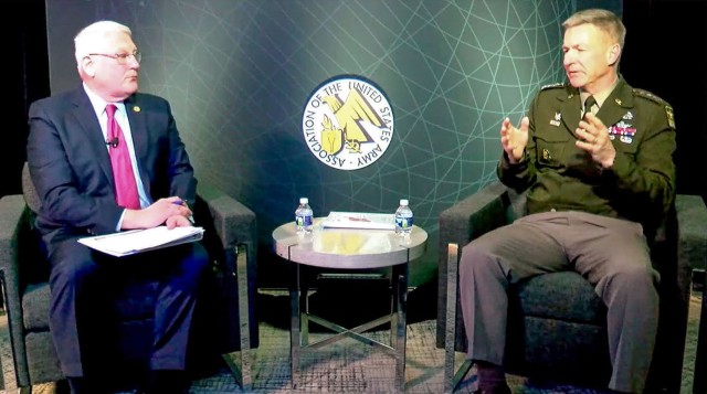 Army Chief of Staff Gen. James C. McConville, right, discusses the Army&#39;s push to advance initiatives in support of personnel under the Army People Strategy, all while maintaining critical modernization priorities to bolster joint multi-domain operations during the Association of the U.S. Army’s Global Force Next virtual conference March 16, 2021.