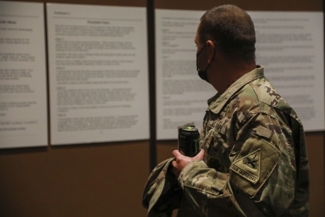 A soldier assigned to Fort Bliss reviews sexual assault and sexual harassment battle drills during the inaugural Ironclad Summit March 11. Fort Bliss hosted the Ironclad Summit to better strengthen the foundation for mutual respect, safety and cohesive teams among its Soldiers, Civilians, and Families. Operation Ironclad is the action-based approach of Fort Bliss toward eliminating sexual assault and sexual harassment, suicide, and extremism and racism in the ranks. For Bernabe, the summit and its related initiatives are crucial in spreading the word that Fort Bliss is a non-permissive environment when dealing with such unacceptable behaviors. The top priority for Fort Bliss leaders is creating an environment non-permissive of these destructive behaviors.  (U.S. Army photo by Staff Sgt. Nicholas Brown-Bell)