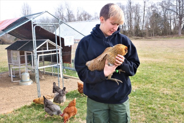 Zopfi hangs out with the chickens she raises. She plans to work with animals and focus on conservation in the future, a passion she said scouting further fostered.