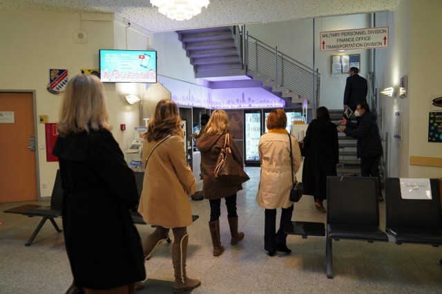 The tour heads to the second floor of Tower Barracks Bldg. 244, passing by the grab-and-go Tasty Micro Market, March 11, 2021.