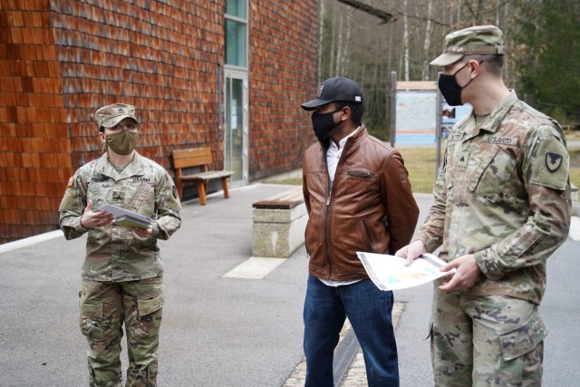 Representatives of Bavaria Better Opportunities for Single Soldiers provide briefings of their programs and offerings, March 11, 2021. From left, Bavaria BOSS Vice President Sgt. Emma Hoffman, Bavaria BOSS Advisor Anthony Frazier and Bavaria BOSS...