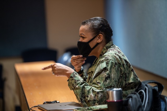 Lt. Cmdr. Davida Billingsley comments during the discussion portion of the extremism stand-down at the Navy Operational Support Center Columbia March 7.