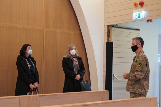 The military spouses are provided a tour of the Netzaberg Chapel, March 11, 2021. From the right, Family Life Chaplain Maj. Rick Pak speaks with Kathy Norrie and Angela Abernethy about the wide range of religious services offered to Soldiers and...