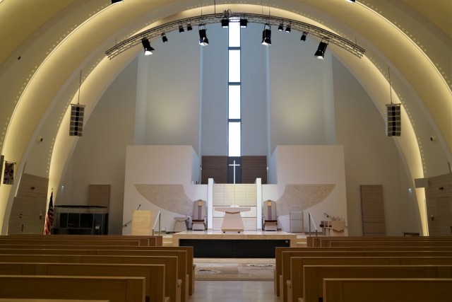 The interior layout and stage of the Netzaberg Chapel, March 11, 2021.