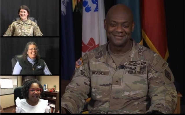 Fort Jackson Commander Brig. Gen. Milford H. Beagle, Jr. hosted the 31st Bi-weekly Virtual Town Hall on Special Topics. Top to bottom Moncrief Army Health Clinic Commander Col. Tara Hall, Leslie Ann Sully and LaTrice Langston and from the public...