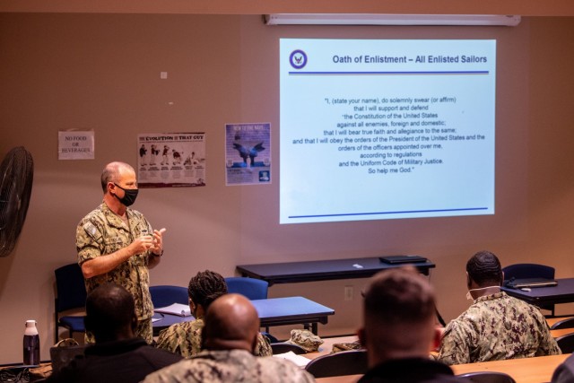 Senior Chief Petty Officer Kevin Hogan teaches a class for the extremism stand-down at the Navy Operational Support Center Columbia March 7.