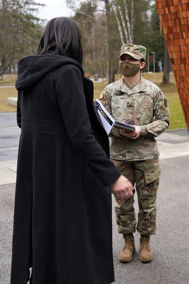 Angela Abernethy, spouse of U.S. Army Europe and Africa Command Sgt. Maj. Rob Abernethy, speaks with Bavaria BOSS Vice President Sgt. Emma Hoffman about the inclusive culture training — derived from IMCOM material — offered to Soldiers, March...