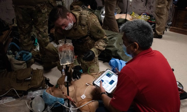 An Army paramedic tends to a simulated patient Jan. 11, 2021, during paramedic training at the Fort McCoy, Wis., Medical Simulation Training Center. The center is managed by the Directorate of Plans, Training, Mobilization and Security at Fort...