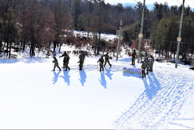 Students in Cold-Weather Operations Course class 21-04 complete field training pulling ahkio sleds of equipment on snowshoes Feb. 18, 2021, at a training area at Fort McCoy, Wis. Students complete many miles of ruck marching in the snow and cold...