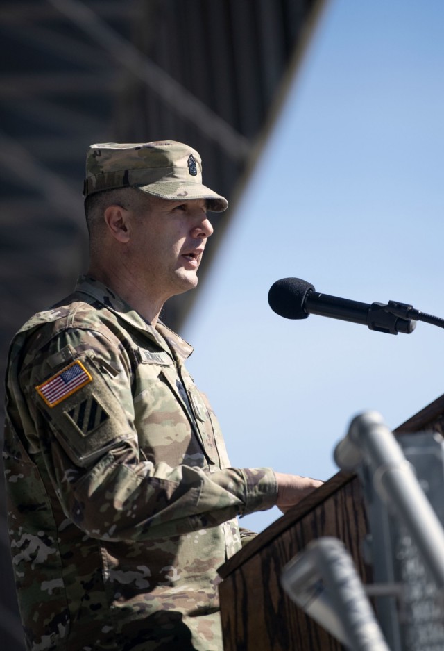 Command Sgt. Maj. Daniel T. Hendrex, the U.S. Army Training and Doctrine Command's senior enlisted leader, speaks to trainees of 1st Battalion, 34th Infantry Regiment, March 11 on Hilton Field at Fort Jackson, S.C. Hendrex spoke about what it...