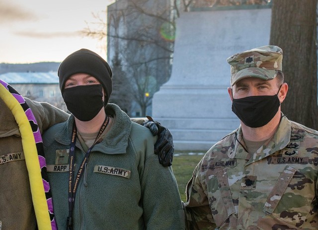 Class of 2023 Cadet Erika Rapp (on left in right photo) received a 3rd Regiment coin of excellence (left photo) from 3rd Regimental Tactical Officer Lt. Col. Kwenton Kuhlman (on right in right photo) for her honesty and integrity in going to her...