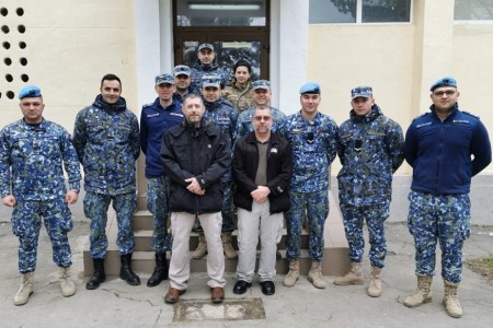 Tobyhanna Army Depot Training Instructors Gregory Wirth (left) and Vincent Zuranski (right) pose with students during a recent mission to train Romanian Air Force personnel.