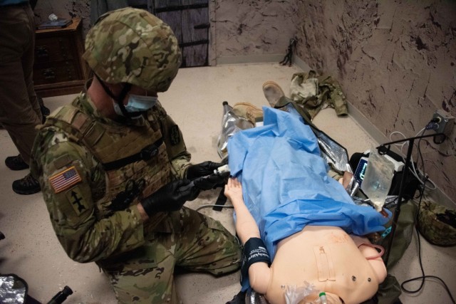 An Army paramedic tends to a simulated patient Jan. 11, 2021, during paramedic training at the Fort McCoy, Wis., Medical Simulation Training Center. The center is managed by the Directorate of Plans, Training, Mobilization and Security at Fort...
