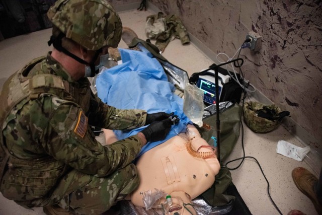 An Army paramedic tends to a simulated patient Jan. 11, 2021, during paramedic training at the Fort McCoy, Wis., Medical Simulation Training Center. The center is managed by the Directorate of Plans, Training, Mobilization and Security at Fort...