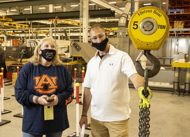 Shawn Ankerich (right), safety and occupational health specialist, explains to Melody Lloyd, a driver tester, the importance of inspecting rigging prior to use. It is important to only use rigging that meets the safety requirements outlined in...