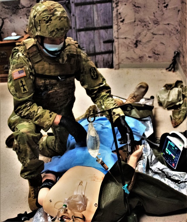 An Army paramedic tends to a simulated patient Jan. 11, 2021, during paramedic training at the Fort McCoy, Wis., Medical Simulation Training Center. The center is managed by the Directorate of Plans, Training, Mobilization and Security at Fort...