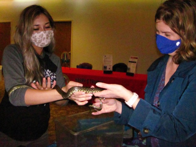 Nicole Hill, left, and Victoria Burnley conduct a meet-and-greet with a speckled king snake, courtesy the Medicine Park Aquarium and Natural Sciences Center during the Community Information Expo at Fort Sill, Oklahoma. Hill is the aquarium and...