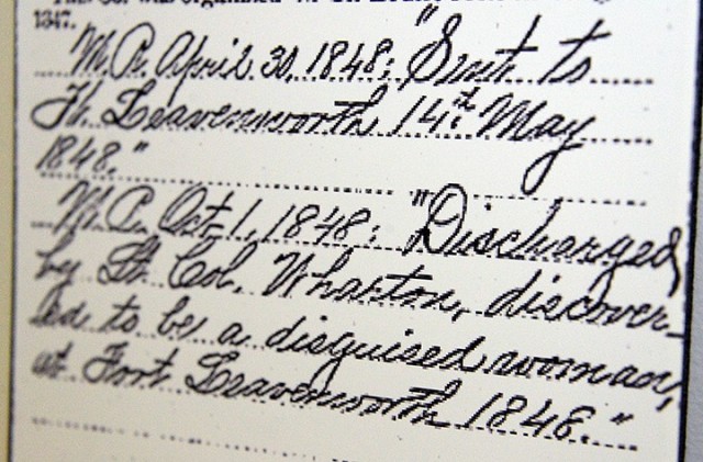 An excerpt from William Newcomb's 1848 service record card notes that Newcomb was discovered to be a disguised woman, Elizabeth Newcom. Original image from the Missouri State Archives