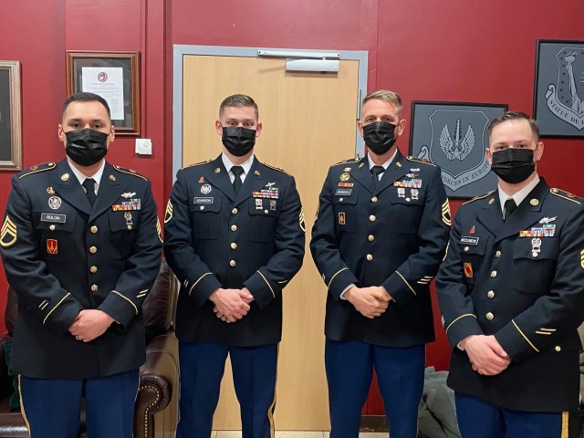 The U.S. Army Space and Missile Defense Command selects four noncommissioned officers for the prestigious Sergeant Audie Murphy Club after they passed a virtual board, March 17, 2021. From left are: Staff Sgt. Adrian Rolan, Staff Sgt. Troy...