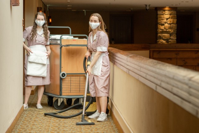 Cleaning staff at the Edelweiss Lodge and Resort ensure guest rooms are thoroughly disinfected and safe for visitors.

