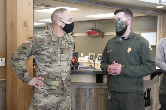 Maj. Gen. William Graham, deputy commanding general of civil and emergency operations for the U.S. Army Corps of Engineers, and Justin Kerwin, senior park ranger for the Chena River Lakes Flood Control Project, discuss the unique challenges of...