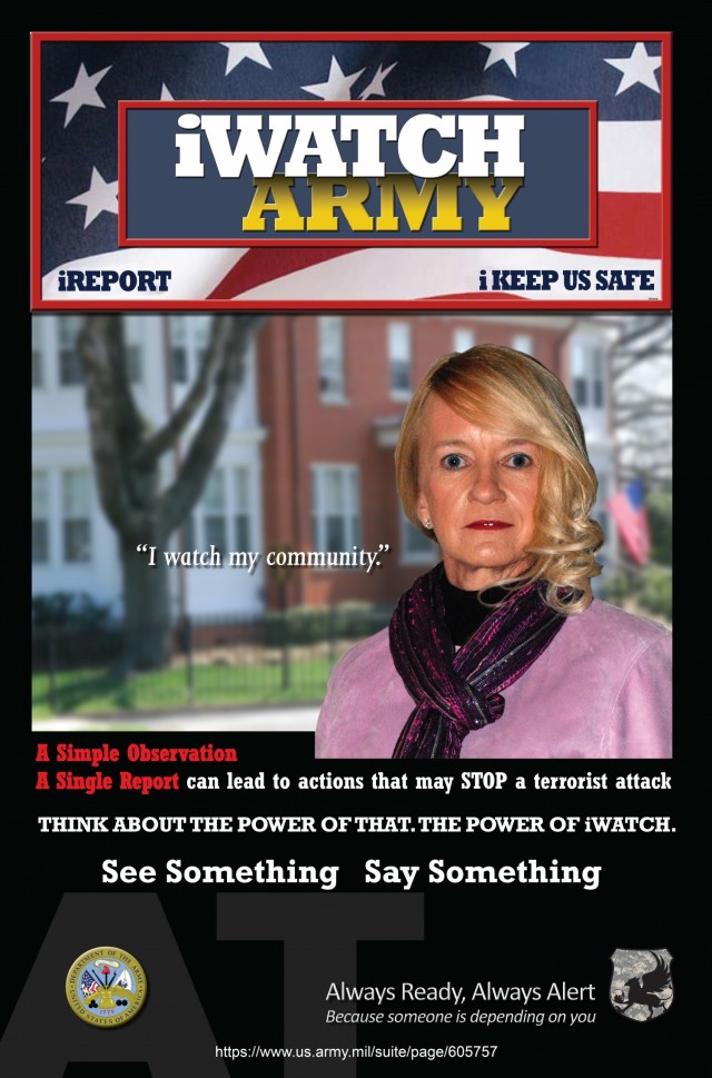 The iWatch Army program promotes awareness and outreach efforts to address topics relating to the protection communities across the U.S. Army. Similar to a neighborhood watch program, it encourages community members to identify and report suspicious behaviors associated with terrorist activity. (U.S. Army graphic)