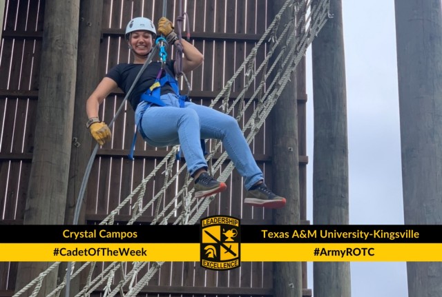 Cadet Crystal Campos trained to become a certified challenge course safety, allowing her to help facilitate a rappel tower event for the Javelina Battalion.