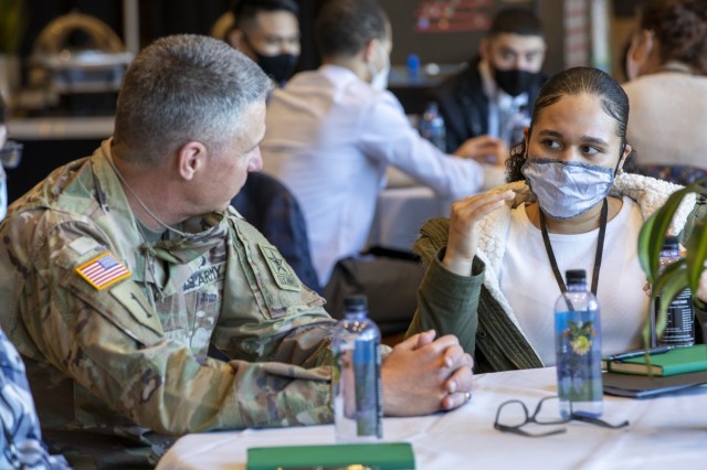 Army Vice Chief of Staff Gen. Joseph M. Martin speaks with Soldiers during a &#34;people first&#34; themed solarium at the U.S. Military Academy in West Point, N.Y., March 15, 2021. The solarium was structured to facilitate small group discussions between attendees about challenging topics and provide Army senior leaders with fresh insight and potential solutions. 
