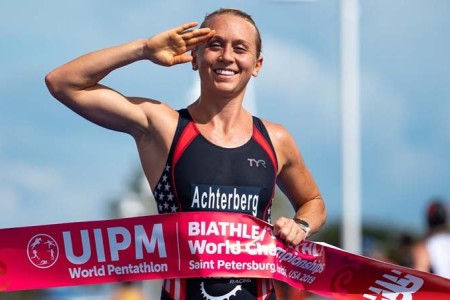 Sgt. Samantha Schultz crosses the finish line during the 2019 Biathle/Triathle World Championships in St. Petersburg, Florida. Schultz qualified for the Olympics in Tokyo by placing second at the 2019 Pan-American Games modern pentathlon in Lima, Peru. At St. Petersburg, Schultz won gold in the mixed relay events and in the individual biathle and triathle, which are subevents of the modern pentathlon for training purposes. 